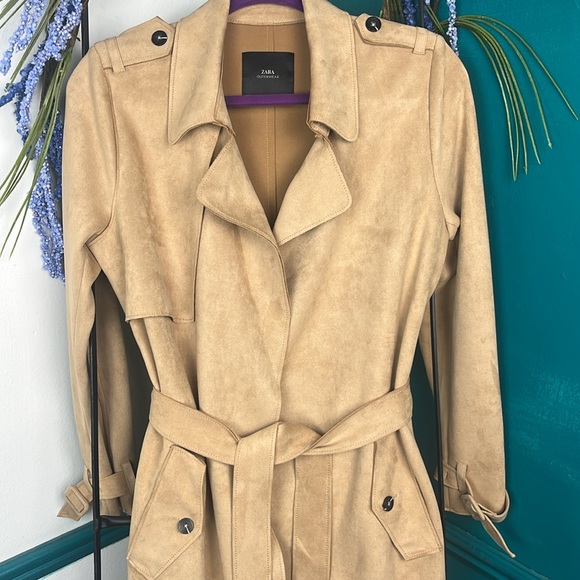 Zara Faux Suede Camel Wrap Slightly Oversized Trench Coat Sz XS NWOT - Picture 2 of 8